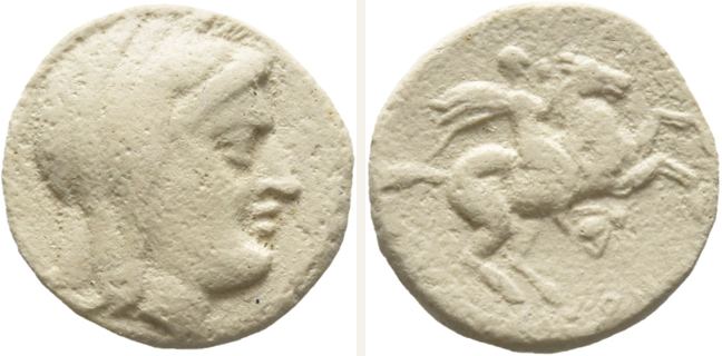Kisthene, bronze coin — Horseman galopping right (CN type 3421)