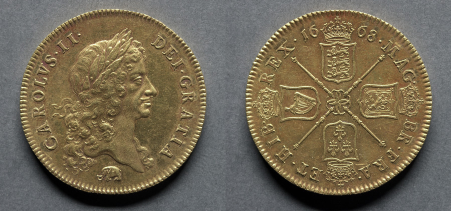 Five Guineas: Charles II (obverse); Four Shields (reverse), 1668 (Cleveland Museum of Art 1969.199)