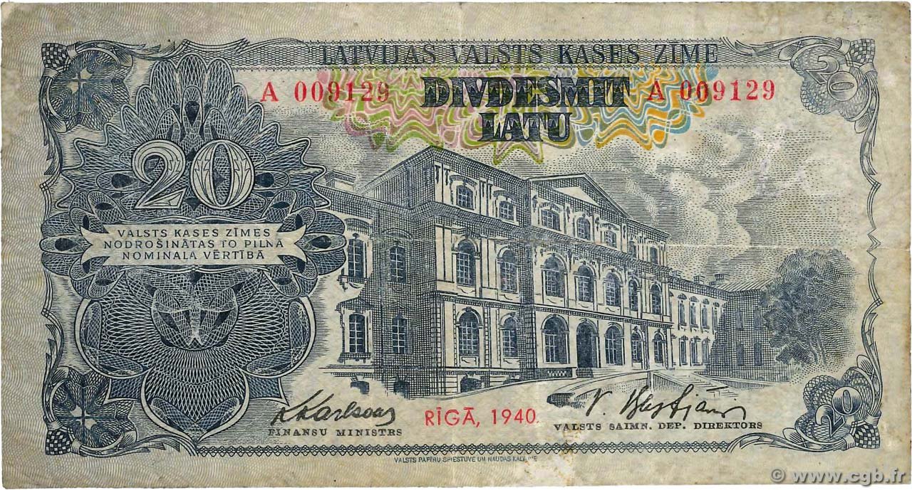 Obverse of 20 Latu (1940), Pick 33