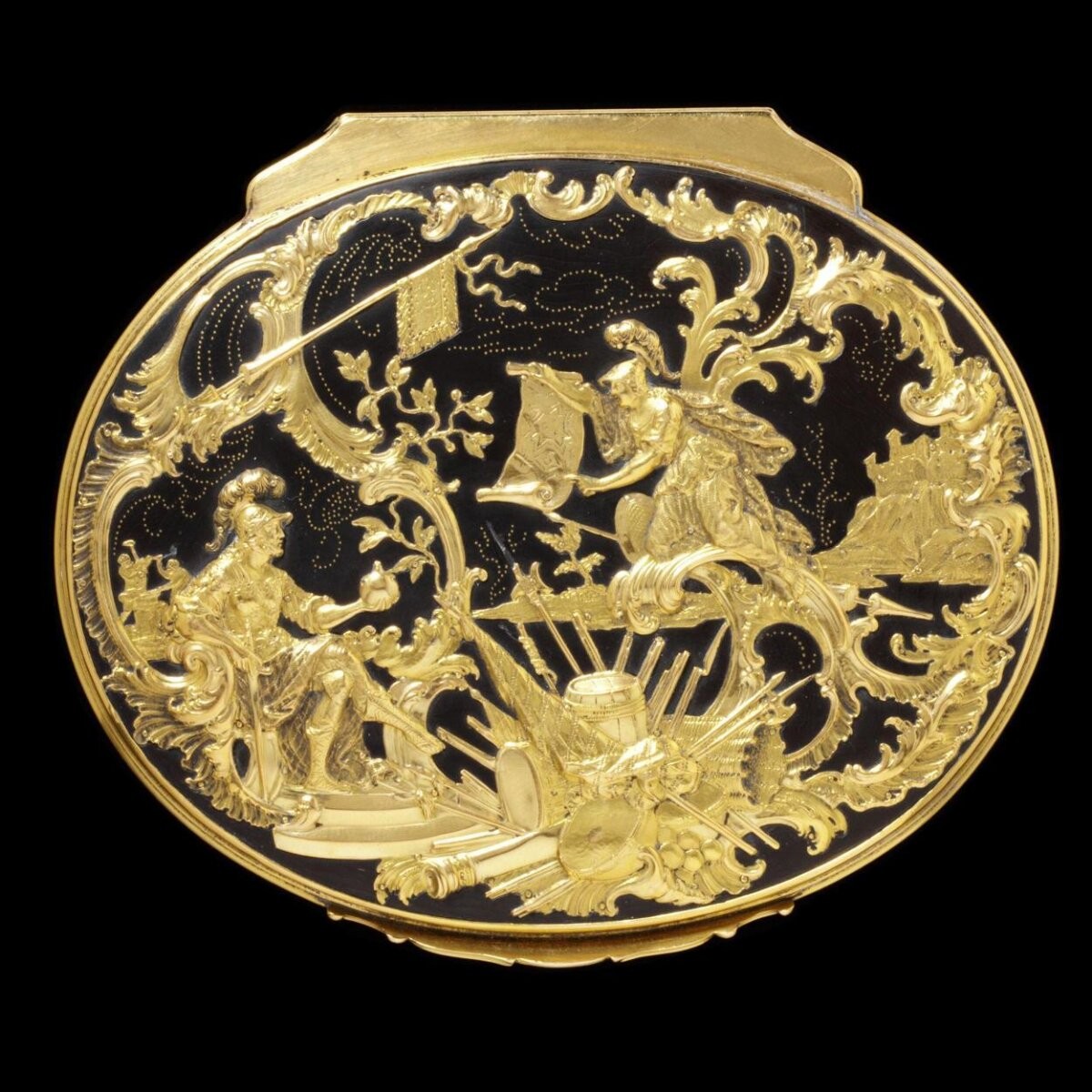 Oval turtle-shell box mounted in gold and decorated on the lid with a scene of Bellona and a seated military commander in Roman dress, probably Germany, 1740-65