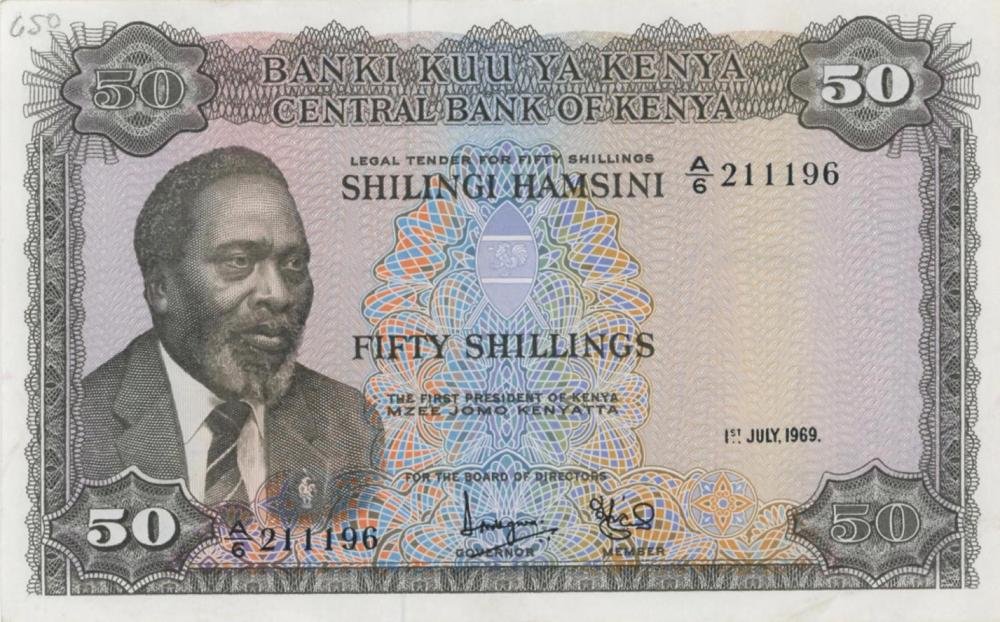 Auction photograph of an example of Pick 9 (Foreign Banknotes - KENYA 50 Shillings 01/07/1969 - Pick #9 a - Scritta a p...)