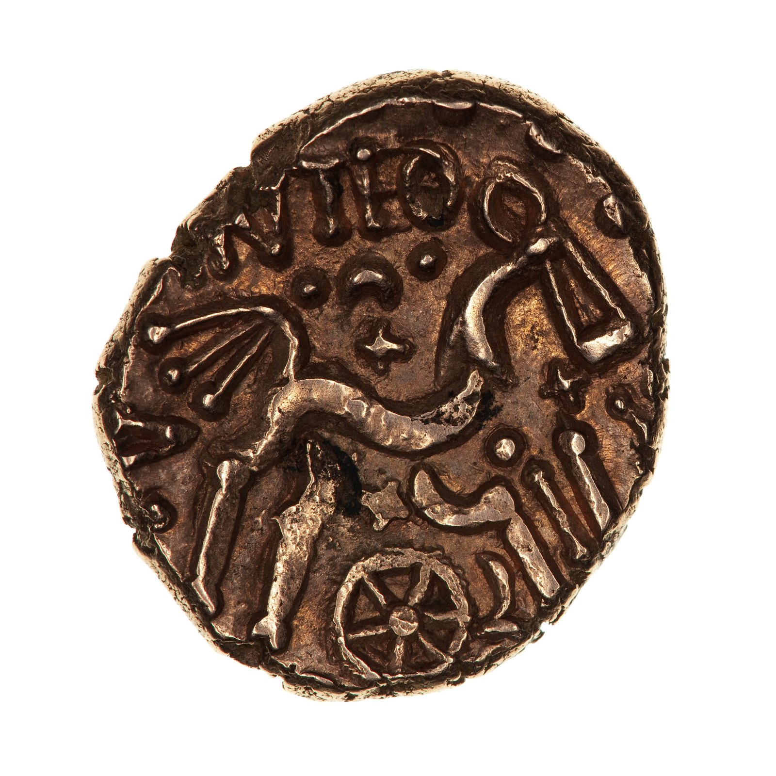 Coin, stater, Antedrig Dobunni, Ancient Britain, 40 BC-43 AD — museum object NU 22
