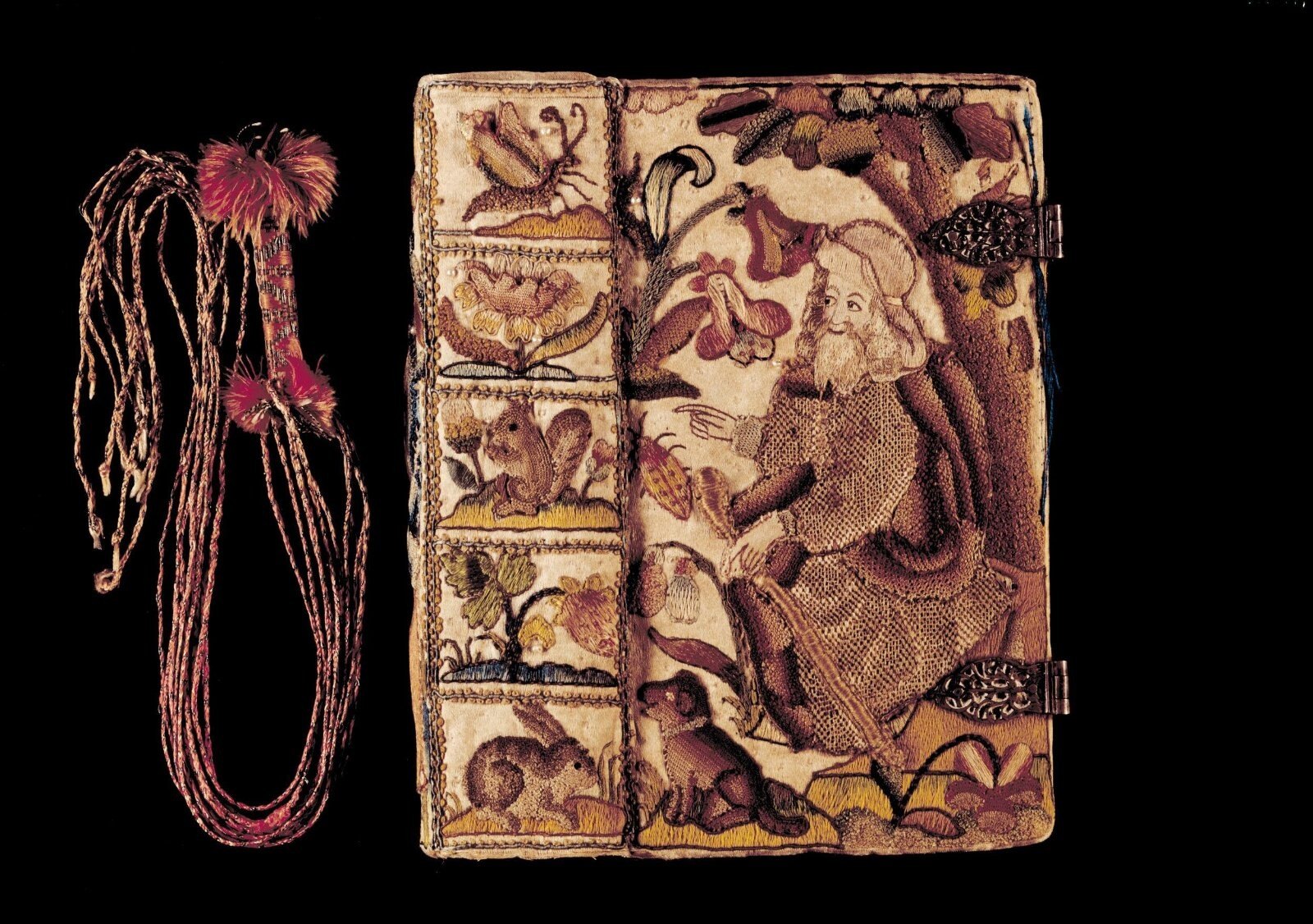 Book cover, embroidered satin, England, 1652 — museum object T.44 to B-1954