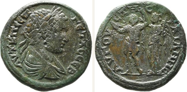 Augusta Traiana, Geta, 5 unit — Emperor in military attire standing left (CN type 2137)
