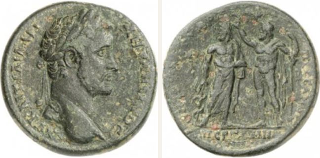 Pergamon, Antoninus Pius, bronze coin — Asclepius and Pergamos (CN type 12071)