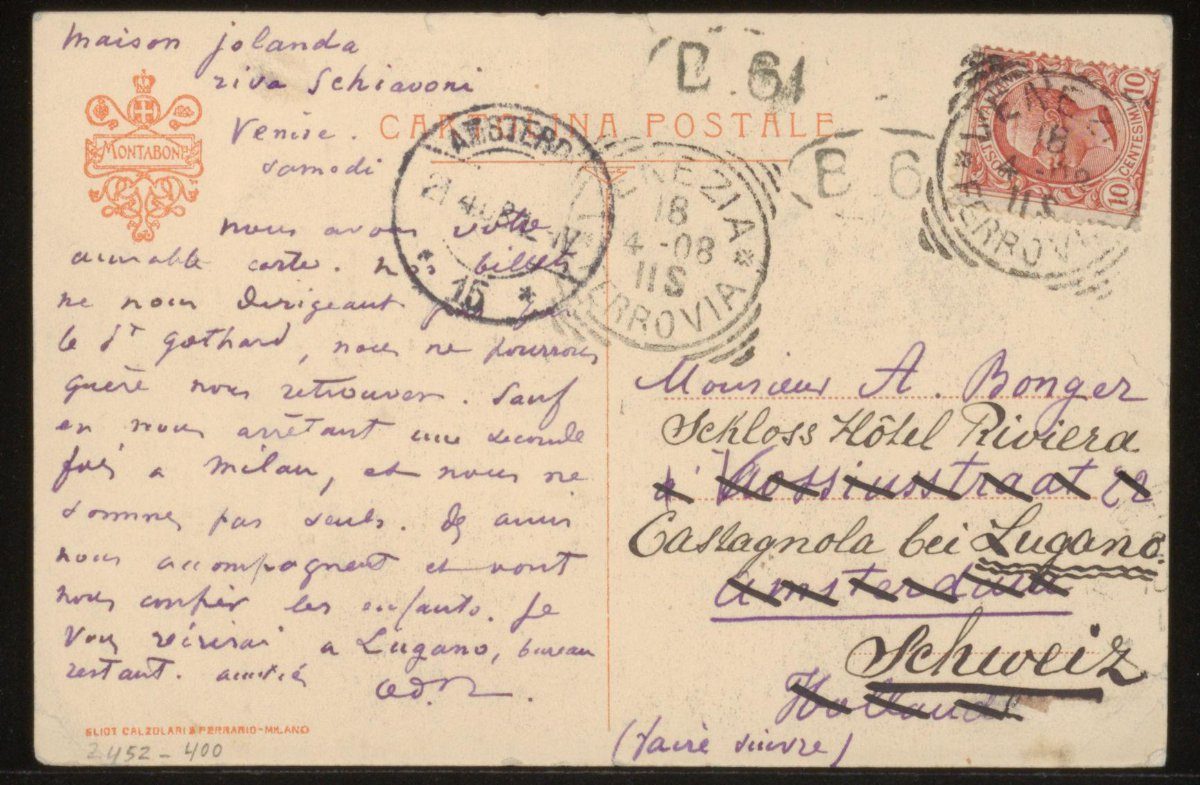 Picture postcard to Andries Bonger and Anne Marie Louise van der Linden