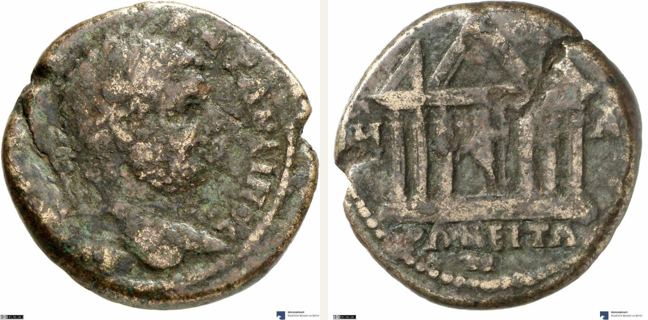 Maroneia, Caracalla, 5 unit — Hexastyle temple with three pediments (CN type 1335)
