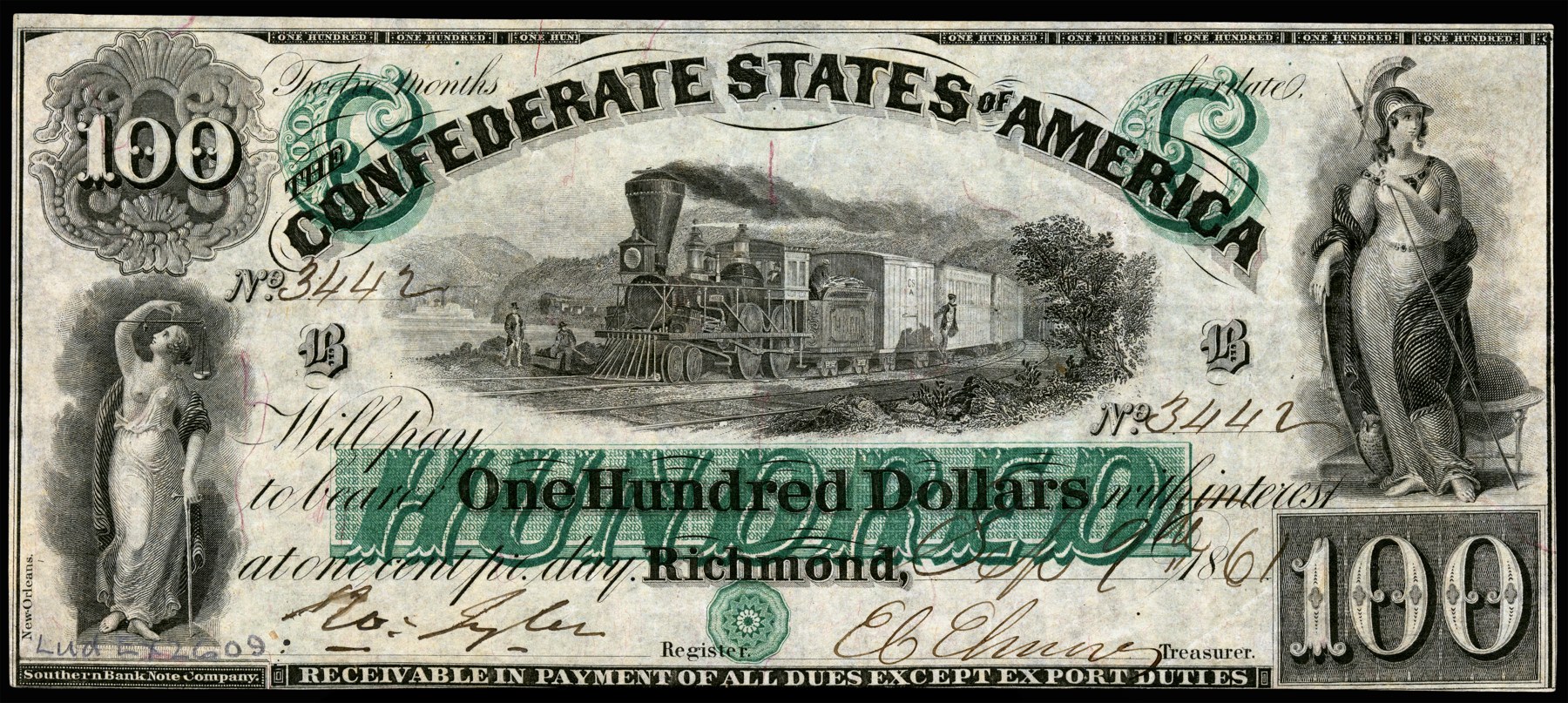 Confederate States of America $100 treasury note, 1861 issue (Type 5).