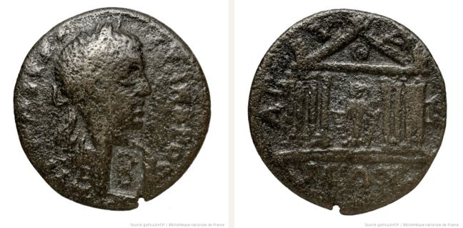 Abydos, Severus Alexander, bronze coin — Façade of an octastyle temple on crepidoma (CN type 3503)