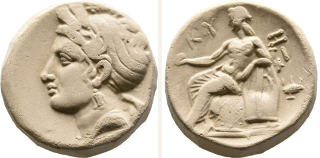 Kyzikos, tetradrachm — Apollo with laurel wreath sitting left on the omphalos covered (CN type 20189)
