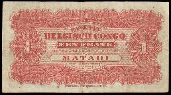 Auction photograph of an example of Pick 3 (Belgian Congo 1 Franc 1914 Matadi issue Pick 3 VF)