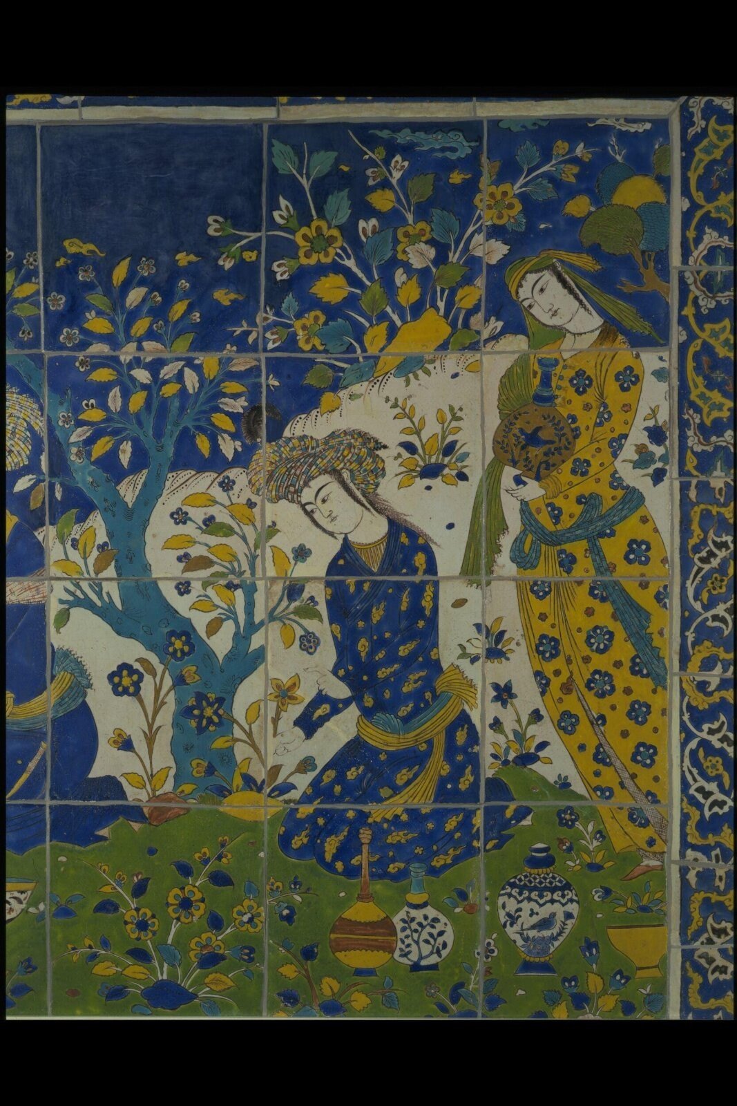 Tile panel, fritware picnic scene, Isfahan, 17th century — museum object 139:1 to 4-1891
