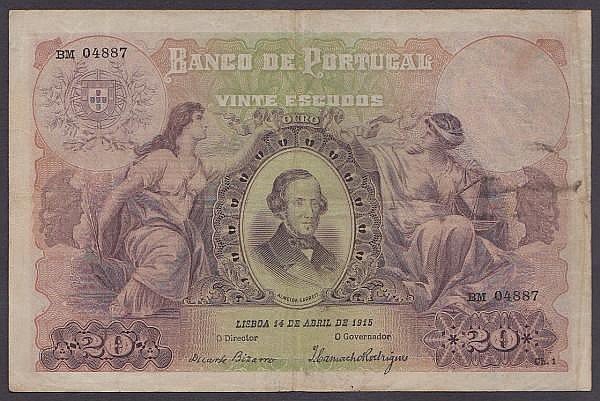 Auction photograph of an example of Pick 115 (World Banknotes: Portugal 20 escudos dated 14th April 1915 series BM04887, light stains, Pick115a, F)