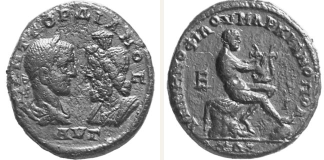 Markianopolis, Gordian III., 5 unit — Nude unbearded deity seated right on rock (CN type 21735)