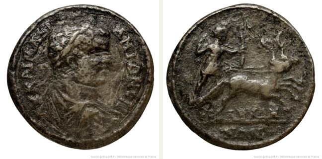 Abydos, Caracalla, bronze coin — Artemis standing in biga drawn by galloping stags (CN type 3488)