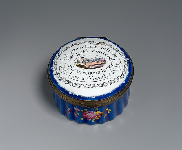 Patch Box with Cupid, “Let groveling minds / For gold contend / For virtuous love / I am a Friend.”, ca. 1770