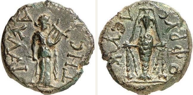 Magnesia ad Maeandrum, bronze coin — Cult statue of Artemis Leucophryene with polos (CN type 22979)
