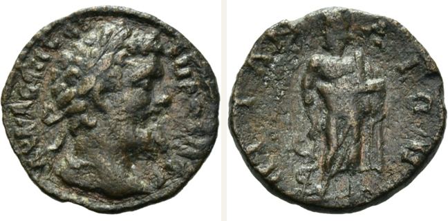 Pitane, Septimius Severus, bronze coin — Asclepius standing facing (CN type 21428)