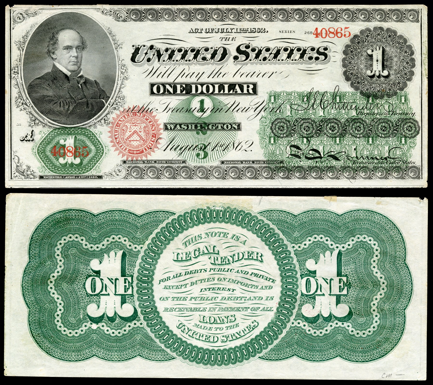 A $1 Legal Tender Note from the Series 1862-1863 greenback issue. Engraved signatures of Chittenden (Register of the Treasury) and Spinner (Treasurer of the United States).