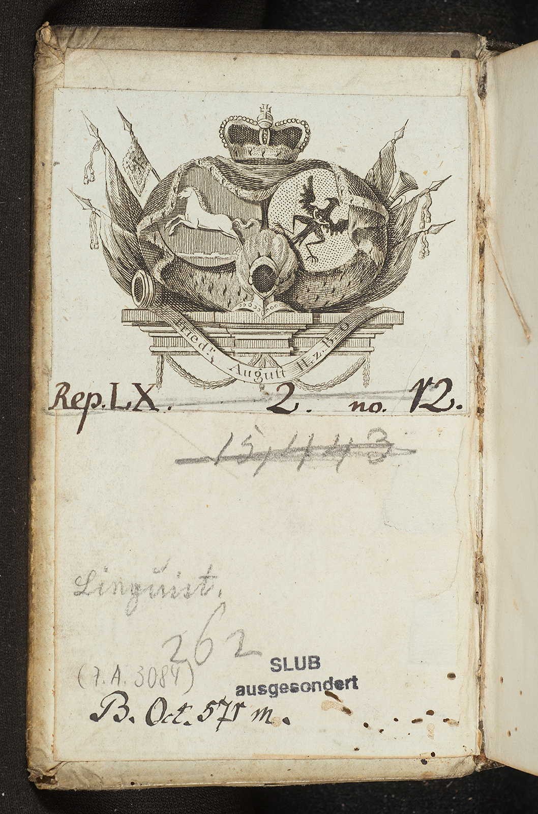 Binding with supralibros of Johannes Hess. Pigskin, whitened, embossed; engraving; approx. 16.5 x 10 cm (book cover size). Pastedown. From: Valentini Erythraei De ratione legendi, exp, SLUB/Dresdner Digi