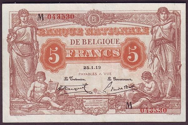 Auction photograph of an example of Pick 74 (World Banknotes: Belgium 5 Francs 25/1/1919 issue Pick 74 EF)