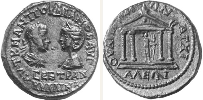 Anchialos, Gordian III., bronze coin — Façade of a tetrastyle temple with dot on the pediment (CN type 21842)