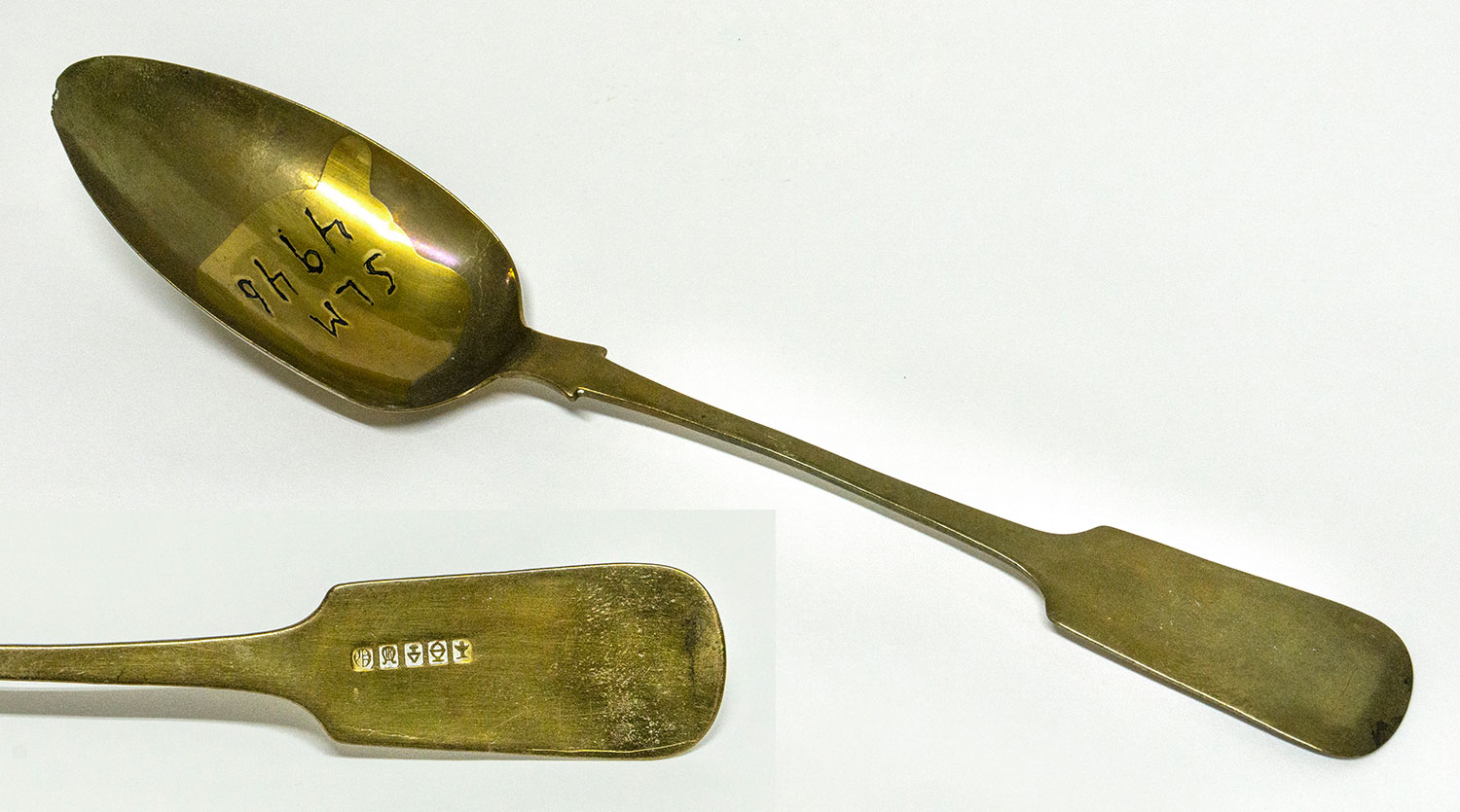 Brass spoon, provided with five stamps