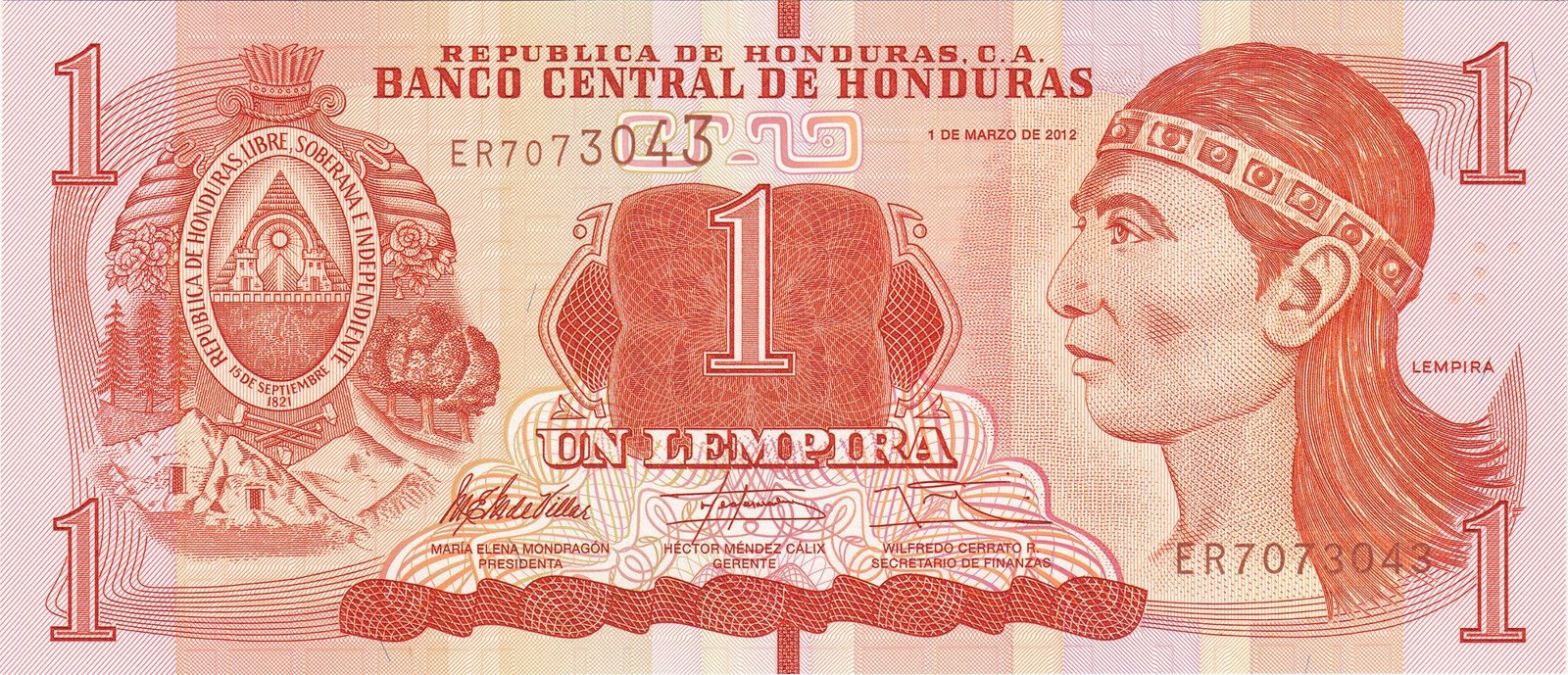 Obverse of 1 Lempira (2012–2024), Pick 96