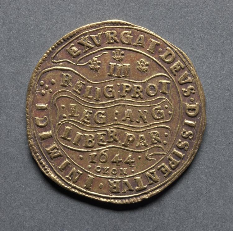 Triple Unite or Three Pound Piece: Declaration on Scroll (reverse), 1644 (Cleveland Museum of Art 1969.196.b)