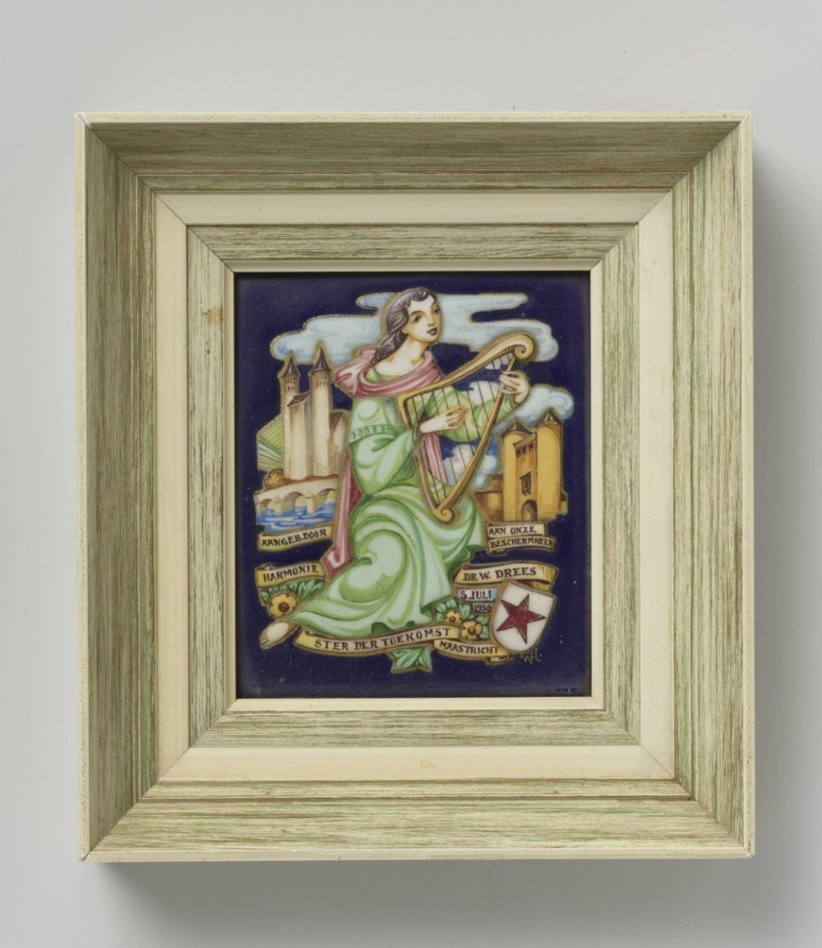 Enamelled tile presented to patron W. Drees by the 'Ster der Toekomst' wind band in Maastricht