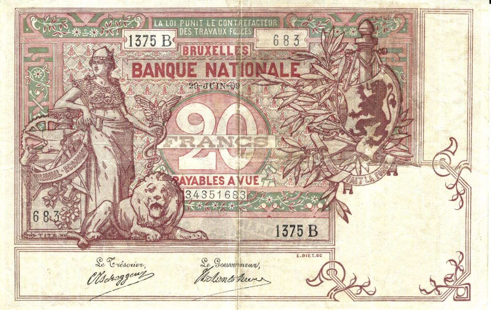 Obverse of 20 Francs (1896–1909), Pick 62