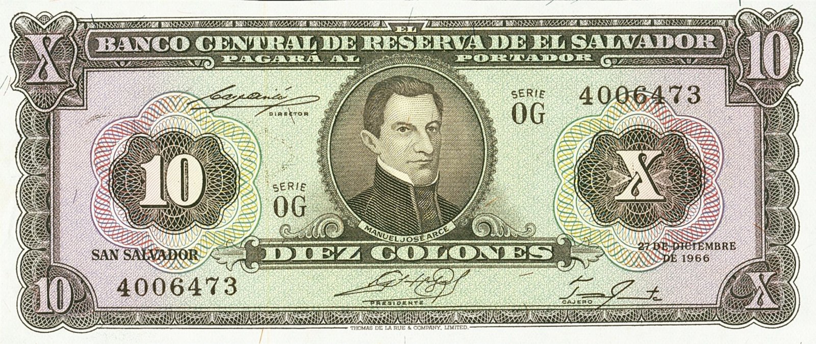 Obverse of 10 Colones (1962–1966), Pick 103