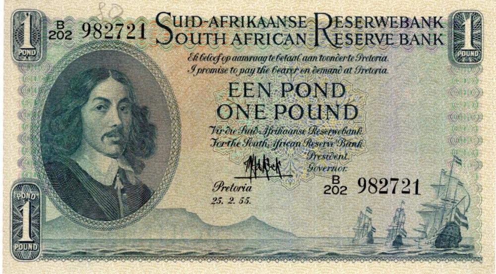 Auction photograph of an example of Pick 93 (Foreign Banknotes - SOUTH AFRICA 1 Pound 1955 pick #93e - lievi ondulazioni...)