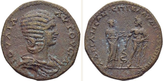 Hadrianeia, Iulia Domna, bronze coin — Hygieia and Asclepius (CN type 21473)