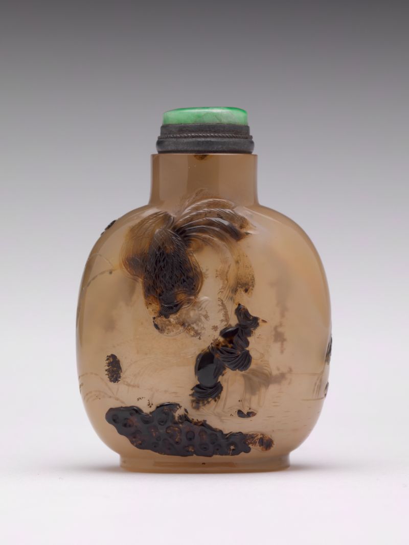 Snuff bottle carved with landscape scene, figure and phoenix, School of Zhiting