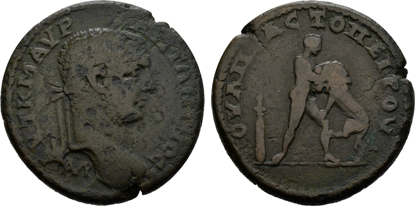 Topeiros, Caracalla, 5 unit — Labour of Heracles: Nude Heracles standing right (CN type 12010)