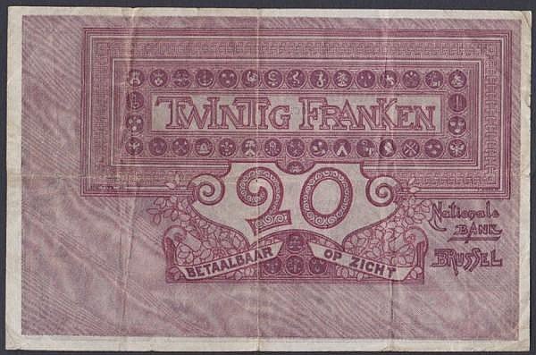 Auction photograph of an example of Pick 62 (World Banknotes: Belgium 20 francs dated 30th October 1903 series 614 K 694, Pick62b, small internal)