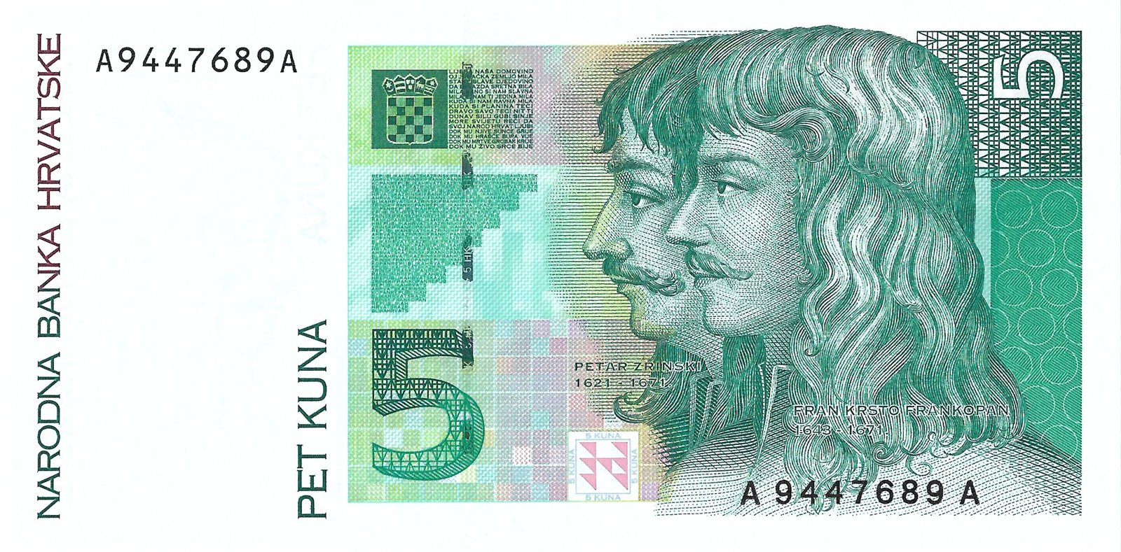 Obverse of 5 Kuna (1993), Pick 28