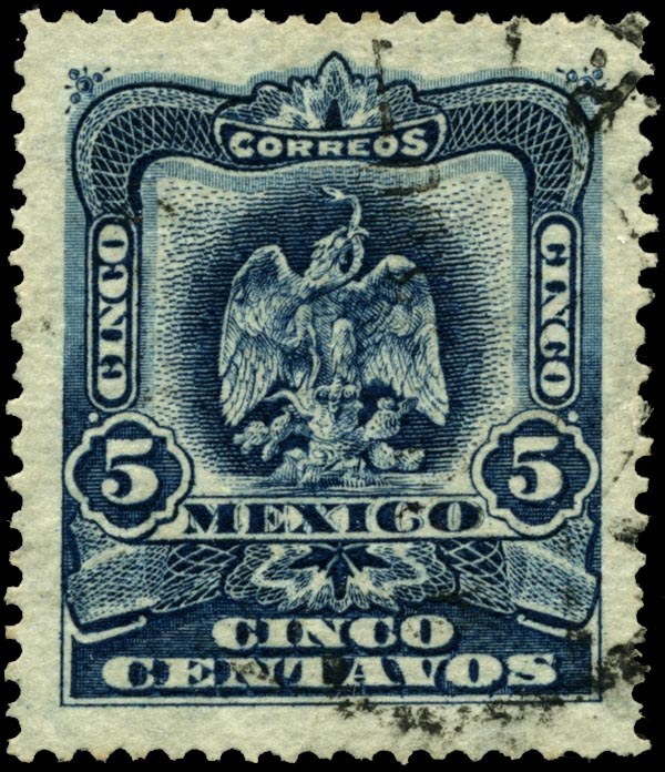 Photograph of a stamp from this issue (Wikimedia Commons file “Stamp Mexico 1899 5c.jpg”). The paper, perforation or watermark variety shown cannot be confirmed from the photograph.