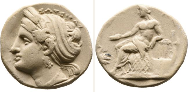 Kyzikos, tetradrachm — Apollo with laurel wreath sitting left on the omphalos covered (CN type 20190)