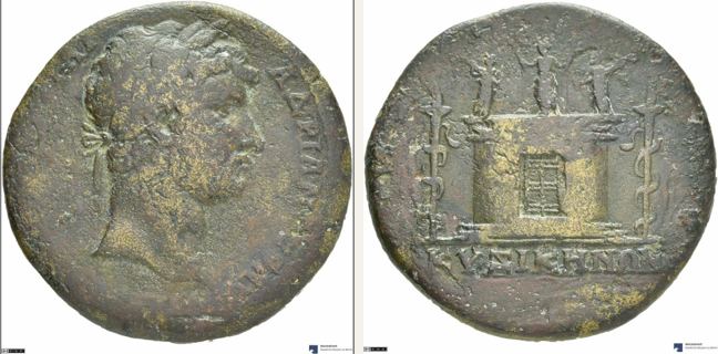 Kyzikos, Hadrian, bronze coin — Round temple with plain masonry walls (CN type 16789)