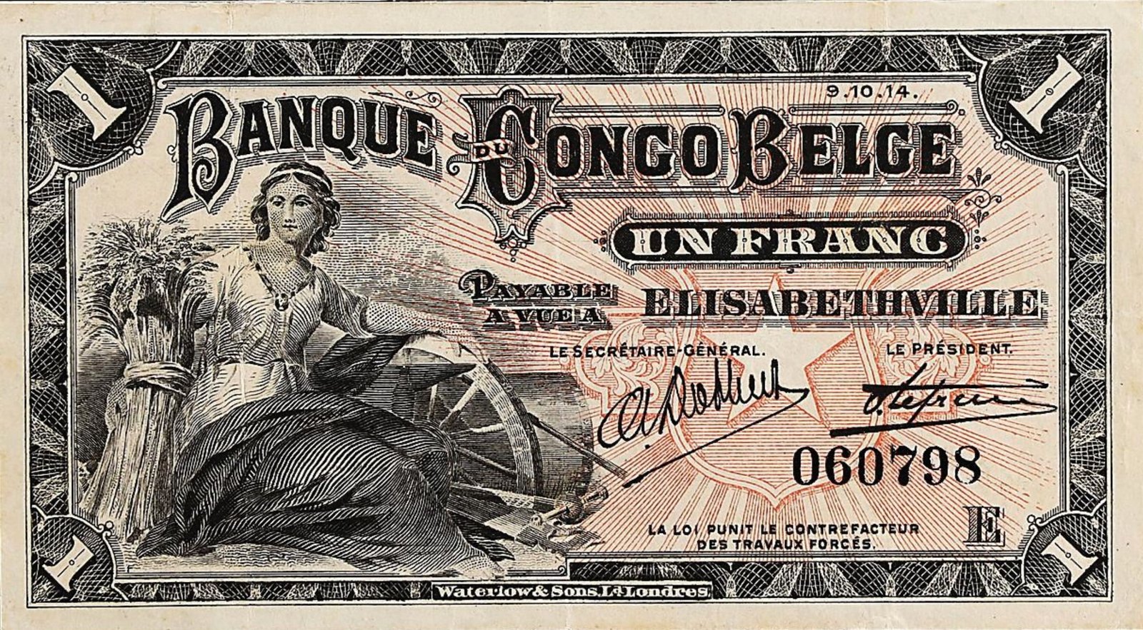 1 Franc, Bank of the Belgian Congo, Belgian Congo, 1914–1920 (Pick 3)