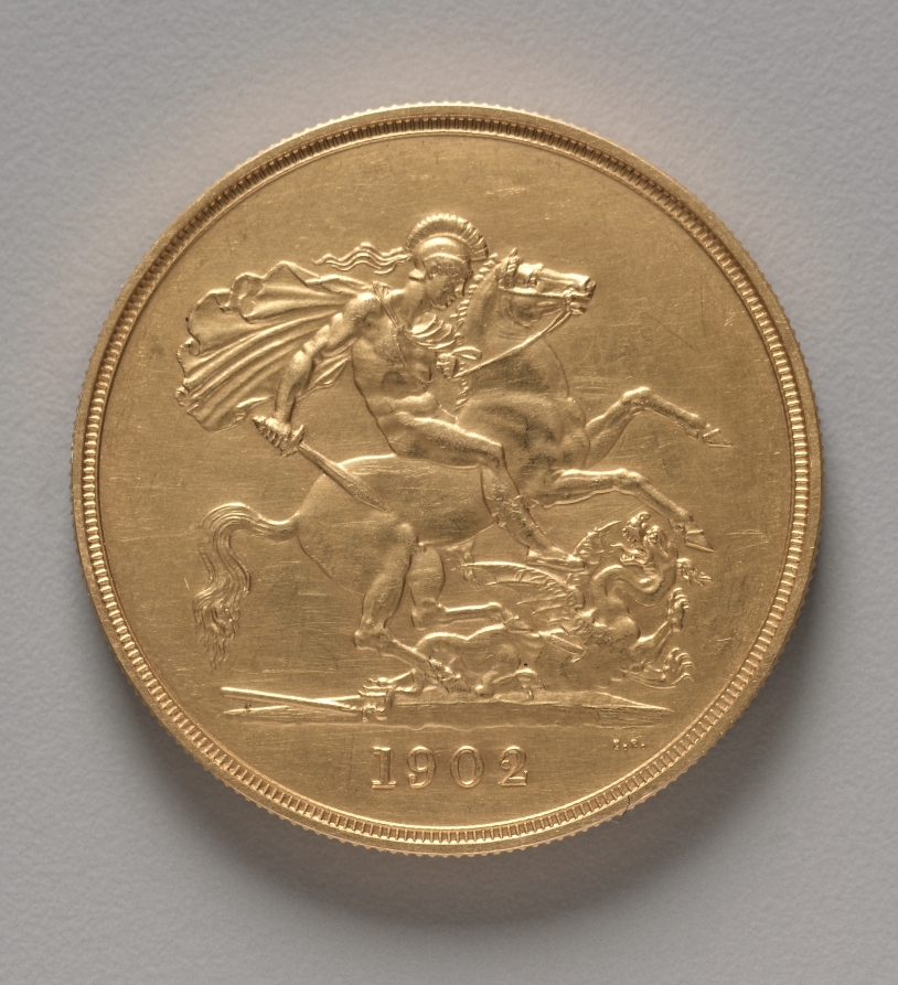 Five Pound Piece: St. George and the Dragon (reverse), 1902 (Cleveland Museum of Art 1969.221.b)