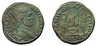 Nikopolis ad Mestum, Caracalla, 5 unit — Eagle standing right on altar (CN type 11845)