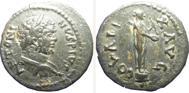 Alexandria Troas, Caracalla, bronze coin — Statue of Apollo Smintheus (CN type 22716)