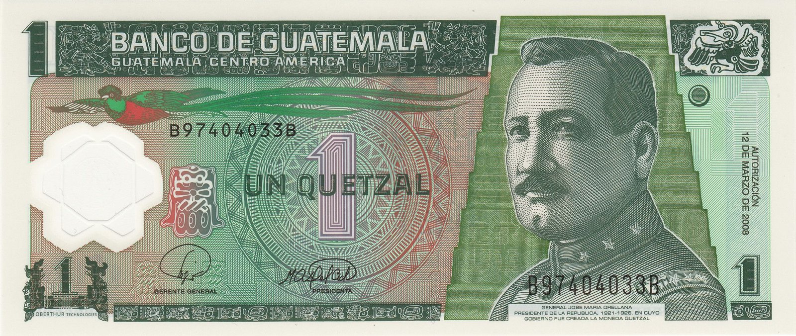 Obverse of 1 Quetzal (2008–2012), Pick 115