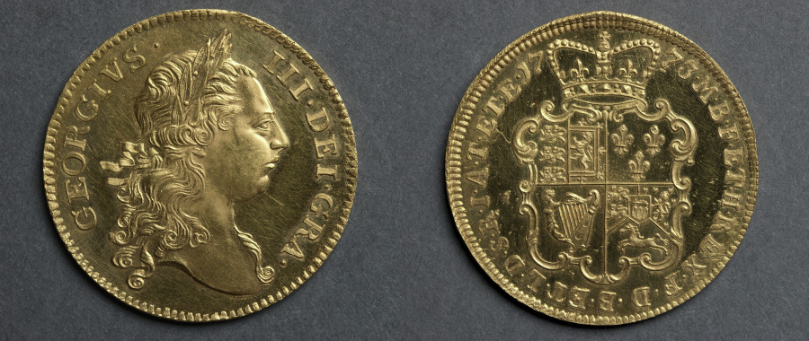 Two Guinea Piece: George III (obverse); Shield of Arms (reverse), 1773 (Cleveland Museum of Art 1969.210)