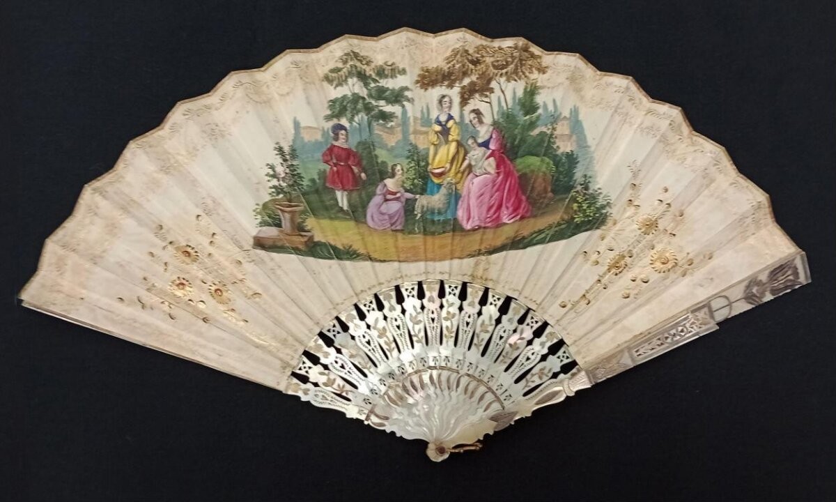 Fan of watercolour on vellum, carved mother-of-pearl sticks and guards, 1840s, French; style troubadour
