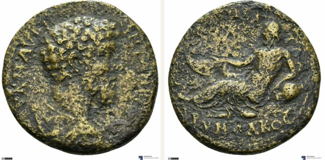 Apollonia ad Rhyndacum, Marc Aurel, bronze coin — River-god reclining left (CN type 19787)