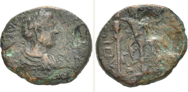 Olbia, Caracalla, bronze coin — Nude warrior with helmet standing left (CN type 23788)